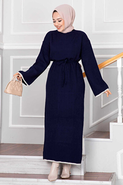 EBRUTESETTÜR Etamin Embroidered Ribbed Knitwear Dress Navy Blue