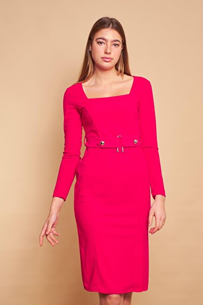 Jument Lycra Crepe ύφασμα τετράγωνο λαιμό μακρυμάνικο αξεσουάρ μέσης Ζώνη μπροστινό σκίσιμο φόρεμα γραφείου-Fujya