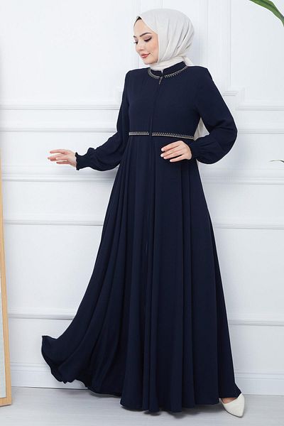 hafsamina Embroidered Mevlana Ferace Navy Blue HM2359