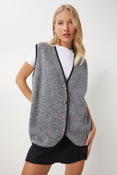 Happiness İstanbul Dark Gray Knitwear Vest - Women'S, Buttoned, Us00928