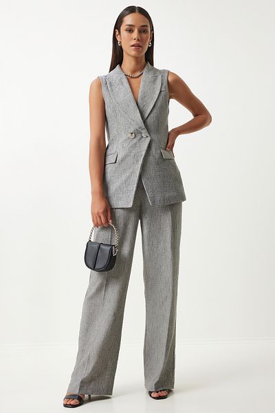 Happiness İstanbul Anthrazitfarbenes Oversize-Damen-Weste- und Hosen-Set – Schalkragen FN03230