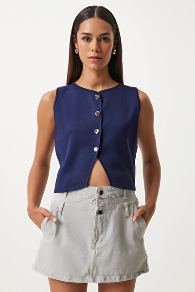 Happiness İstanbul Sötétkék Crop kötöttáru mellény - stílusos gombos FN03209