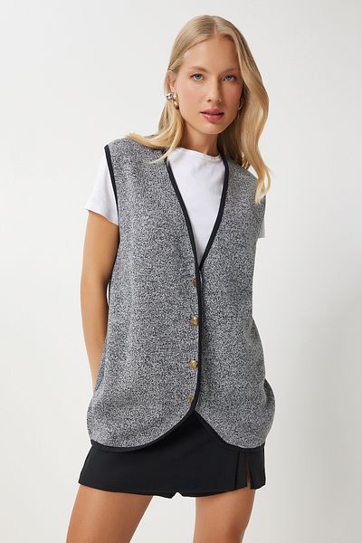 Happiness İstanbul Dark Gray Knitwear Vest - Women'S, Buttoned, Us00928