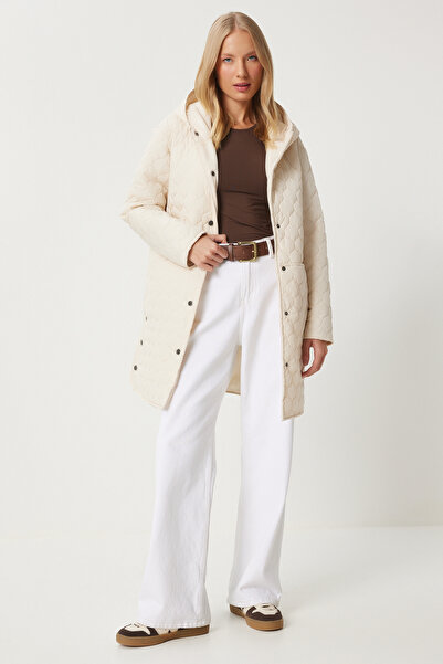 Happiness İstanbul Ecru prošívaný dámský kabát s kapucí - Lv00006