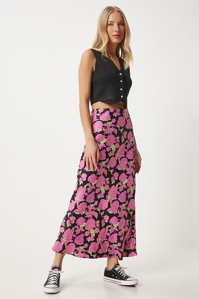 Happiness İstanbul Rosa-schwarzer Satin-Damenrock mit Blumenmuster – HK00041