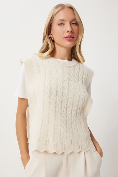 Happiness İstanbul Cremefarbener Damen-Strickpullover – seitlich gebundener Haarstrick YY00223