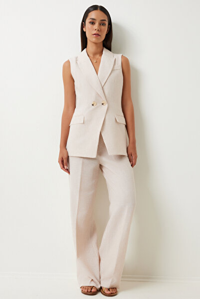 Happiness İstanbul Krém színű túlméretezett női mellény és nadrág szett - kendőgallér FN03230