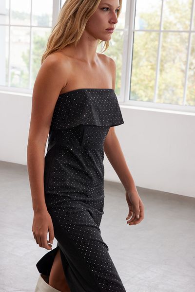 Trendyol Collection Anthrazitfarbenes, mit Steinen bedrucktes, stilvolles Midi-Abendkleid in limitierter Auflage TPRAW25EL00014
