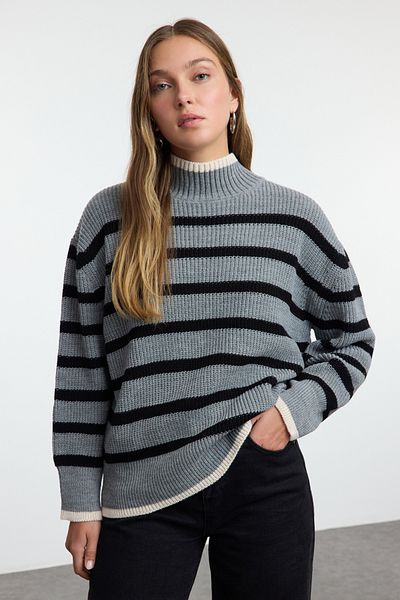 Trendyol Collection Wide Fit Striped Anthracite Knitwear Sweater - Twoaw23kz01446