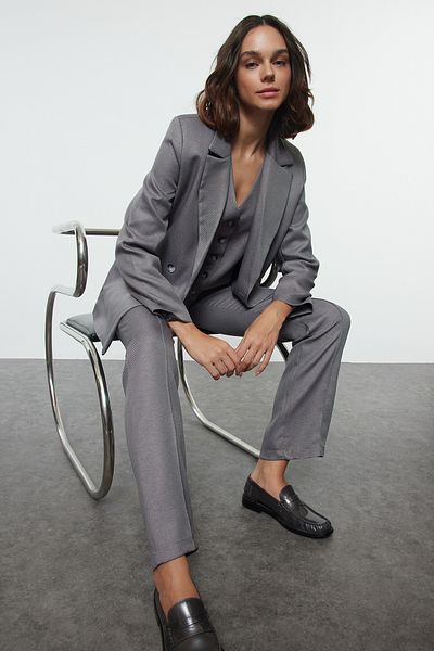 Trendyol Collection Szürke szőtt blézer dzseki-mellény-nadrág öltöny TWOAW25AU00111