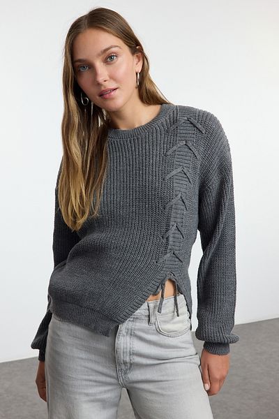 Trendyol Collection Crew Neck Anthracite Knitwear Sweater - Twoaw25kz00350 with Lacing and Slit Detail