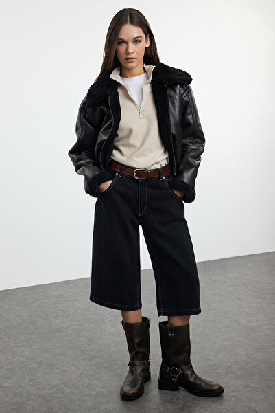 Trendyol Collection Hnědé oversize plyšové detailní motorkářské bundy TWOAW25MO00032