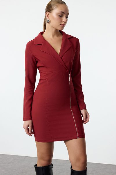 Trendyol Collection Rochie țesătă cu guler jachetă cu fermoar burgundy - TWOAW24EL00292