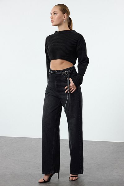 Trendyol Collection Jeansy z wysokim stanem i szerokimi nogawkami w kolorze czarnym - TWOAW25je00200