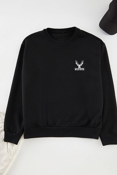 Trendyol Collection Übergroßes, langärmliges Sweatshirt mit Tierstickerei in Schwarz - Tmnaw24sw00164