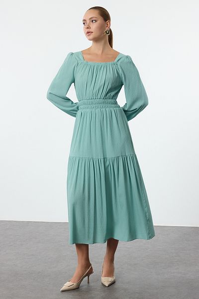 Trendyol Collection Φούστα μέντας με ανοιχτή μέση τετράγωνο γιακά υφαντό φόρεμα TWOSS24EL01102