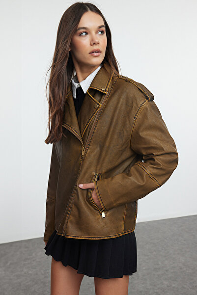 Trendyol Collection Hnědá Oversize Mold Wash Efekt Umělá kůže Motorkář Slim Jacket Kabáty TWOAW25MO00010