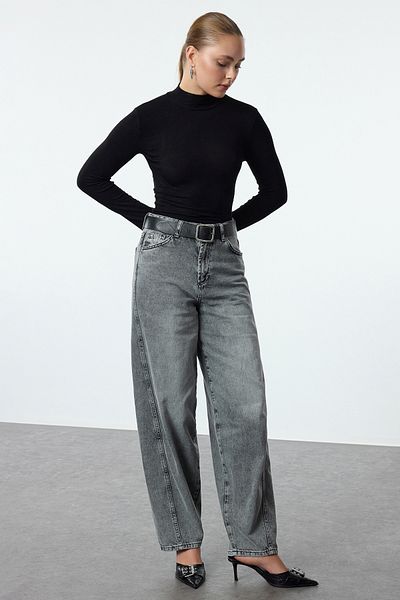 Trendyol Collection Šedé pytlovité džíny s vysokým pasem - Detailní prošívání skater kalhot Twoaw25Je00167