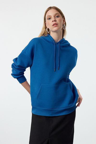 Trendyol Collection Hanorac tricotat Saks cu buzunar cangur cu glugă din lână - Croială largă TWOAW20SW0525