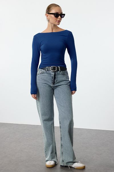 Trendyol Collection Flexible Cotton Saks Fitted Πλεκτή Μπλούζα - Βαθιά Πλάτη Χαμηλό Κοπή - TWOAW24BZ00173