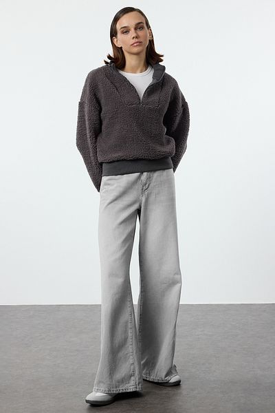 Trendyol Collection Plush AnthraciteOversizeSweatshirt - Zippered, Thick Knitted Twoaw25sw00025