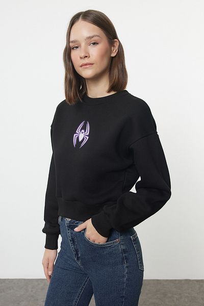 Trendyol Collection Черен поларен суитшърт с щампа на паяк - стандартна кройка Twoaw25sw00209