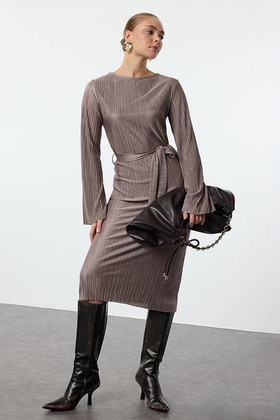 Trendyol Collection MinkPremiumFlare Sleeve A-lineMidi Плетена рокля - плисирана материя Twoaw24el00125