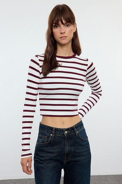 Trendyol Collection Bluză elastică vâscoasă premium - dungi bordeaux, țesătură moale, croială TWOAW24BZ00048
