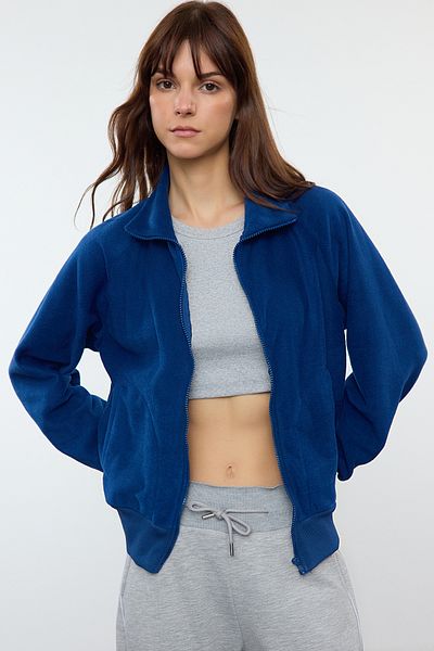 Trendyol Collection Navy Blue Fleece Knitted Sweatshirt - Zip Collar, Regular Fit TWOAW25SW00084