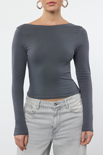 Trendyol Collection Flexible Cotton Fitted Knitted BlouSe - Deep Back Low Cut, Anthracite TWOAW24BZ00173
