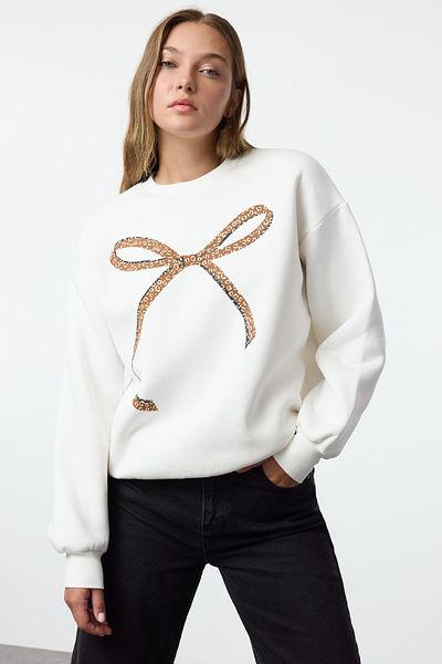 Kolekcia Trendyol Ecru Oversize Fleecová pletená mikina – Crew Neck Twoaw25sw00135