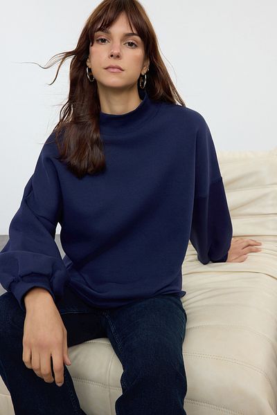 Trendyol Collection Marineblaues Oversize-Fleece-Strick-Sweatshirt – halber Rollkragen TWOAW25SW00168