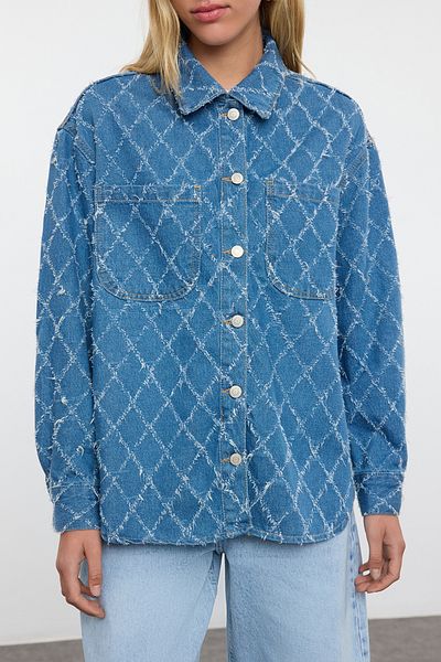 Trendyol Collection Μπλε υφή Oversize τζιν μπουφάν TWOAW25CE00042