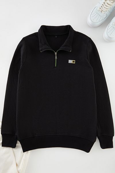 Edit by Trendyol Label Detailed Black Quilted Men's Sweatshirt - Zipper Collar Tedaw25Sw00028