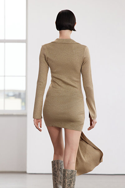 Trendyol Collection Χρυσό Μίνι Πλεκτό Φόρεμα Glitter - Limited Edition, γραβάτα επάνω TWOAW25EL00240