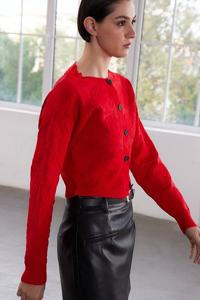 Trendyol Collection Red Limited Edition Rose Knitted Soft Knitwear Crop Cardigan - Twoaw25Hi00322