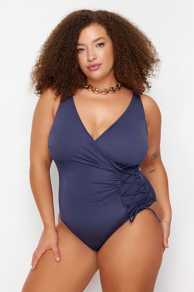 Trendyol Curve Marineblauer zweireihiger Badeanzug mit Schnürung und detailliertem Detail TBBSS23AM00034