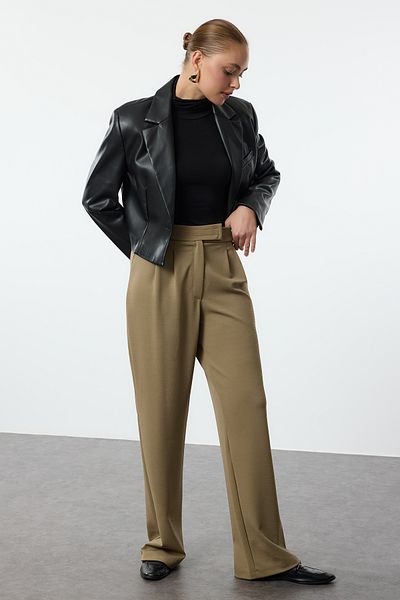 Trendyol Collection High Waist and Velcro Closure Wide Leg Trousers - Dark Khaki Twoaw24pl00177