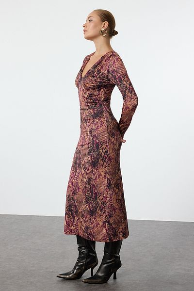 Trendyol Collection V-Neck Patterned Drape Detailed Midi Knitted Dress - Twoaw25El00217