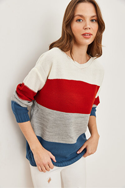 Olalook Dámský svetr z tenkého úpletu Indigo and White Blocked - Kzk- 19000814