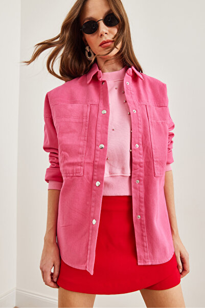 Olalook Φούξια Oversize Gabardine Γυναικείο πουκάμισο - GML με τσέπη για τσάντα- 19001246