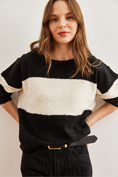 Olalook Pulover de tricotaj negru - Textura moale și dungi groase KZK- 19000823