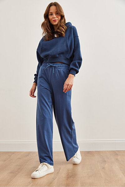 Olalook Indigo Women's Sweatpants - Pockets and Waist Laces, Wide Leg Eşf- 00000075