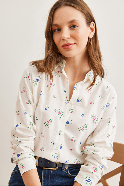 Olalook Női kis virágos ing fukszia mandzsettával és len tartalommal - GML- 19001248