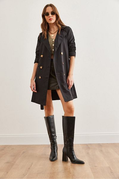 Olalook Schwarzer dünner Trenchcoat – Knopf und Tasche, ungefüttert, TRC- 00000008