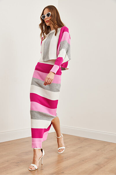 Olalook Kadın Gri Çizgili Eteği Yırtmaçlı Üst Yarasa Triko Alt Üst Takım TKM-19000170