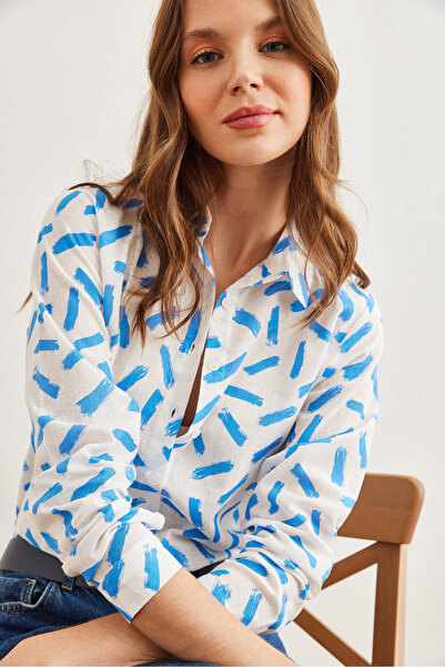 Olalook Cămașă de damă din in albastru - cu detaliu stick, manșetă GML- 19001248