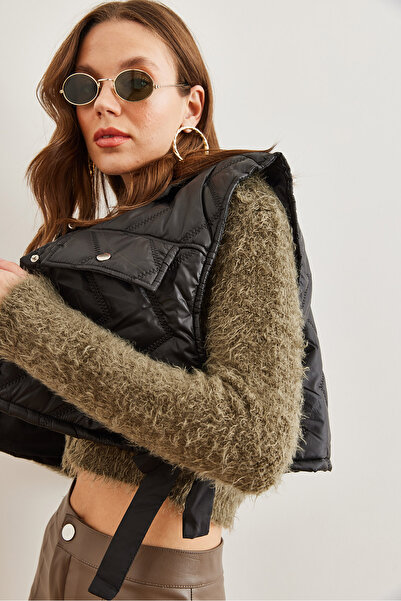 Olalook Kadın Siyah Çift Cepli Astarlı Kapitone Şişme Yelek YLK-19000026