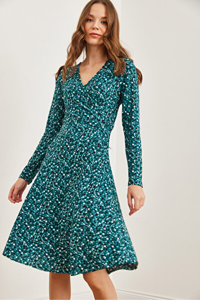 Olalook Kadın Mint Yeşili Çiçekli Kruvaze Örme Elbise ELB-19000962