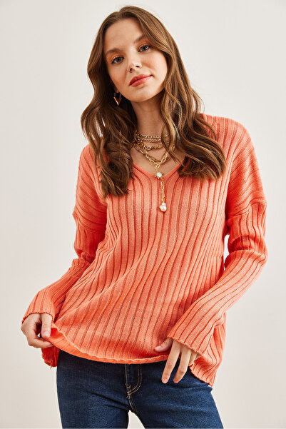 Olalook Kadın Somon V Yaka Fitilli Triko Kazak KZK-19000820